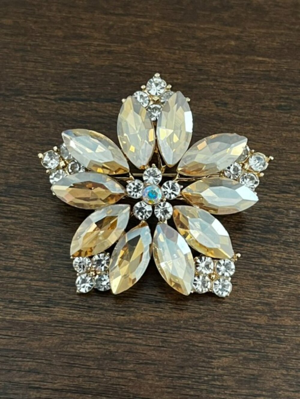 Floral Brooch Champange Marquis Stones Gold Tone Setting NWOT